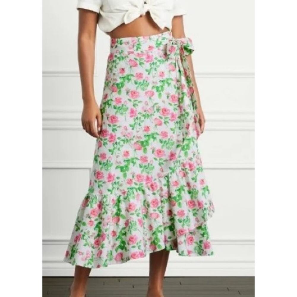 Hill House Floral Wrap Midi Skirt in Pink and Green